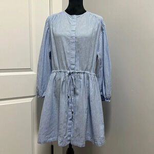 H&M Blue white striped linen blend long sleeve dress size S